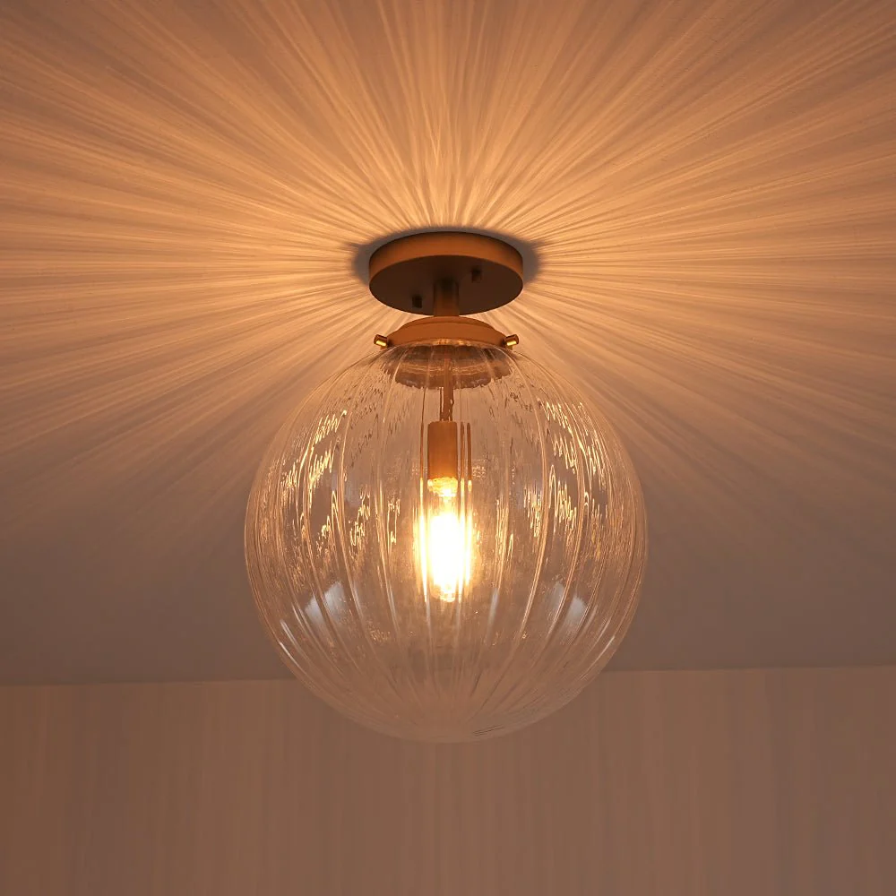 Modern 1-Light Clear Ribbed Glass Globe Semi Flush Mount - Image 4