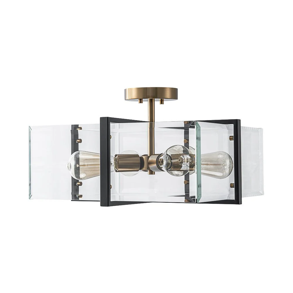 Modern Black Brass Clear Glass Square Cage Semi Flush Mount - Image 10