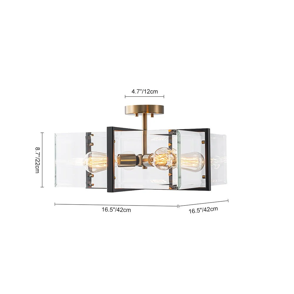 Modern Black Brass Clear Glass Square Cage Semi Flush Mount - Image 13