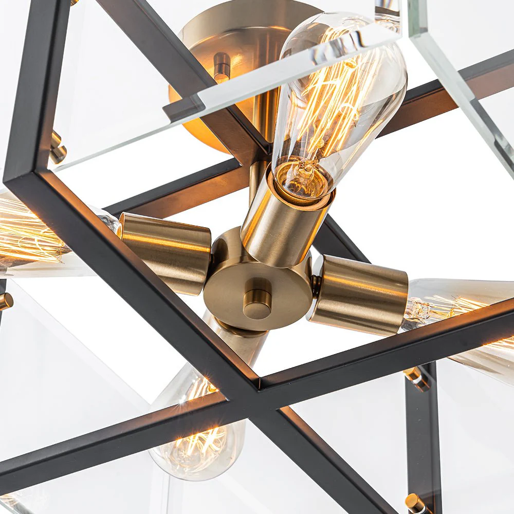 Modern Black Brass Clear Glass Square Cage Semi Flush Mount - Image 16