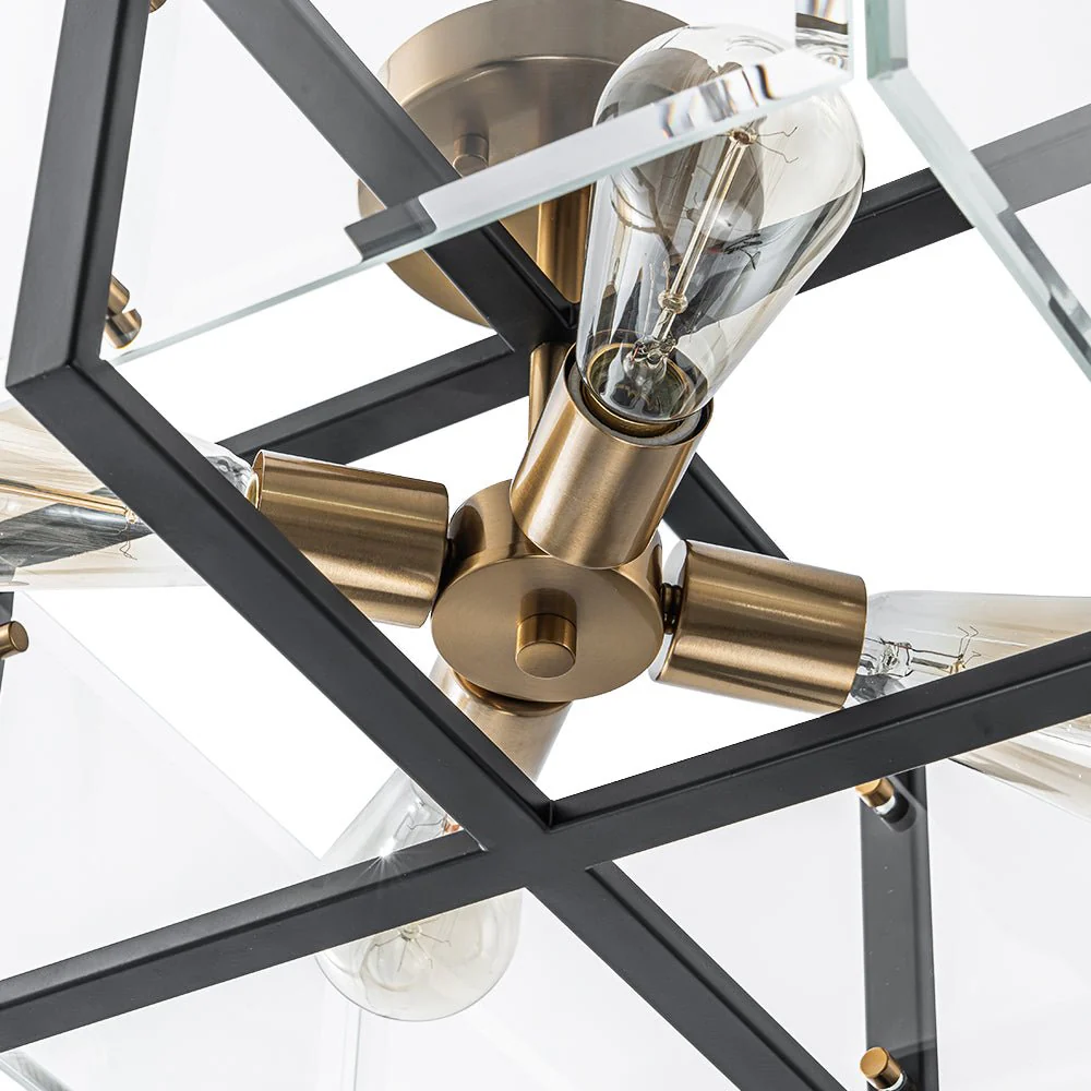 Modern Black Brass Clear Glass Square Cage Semi Flush Mount - Image 17