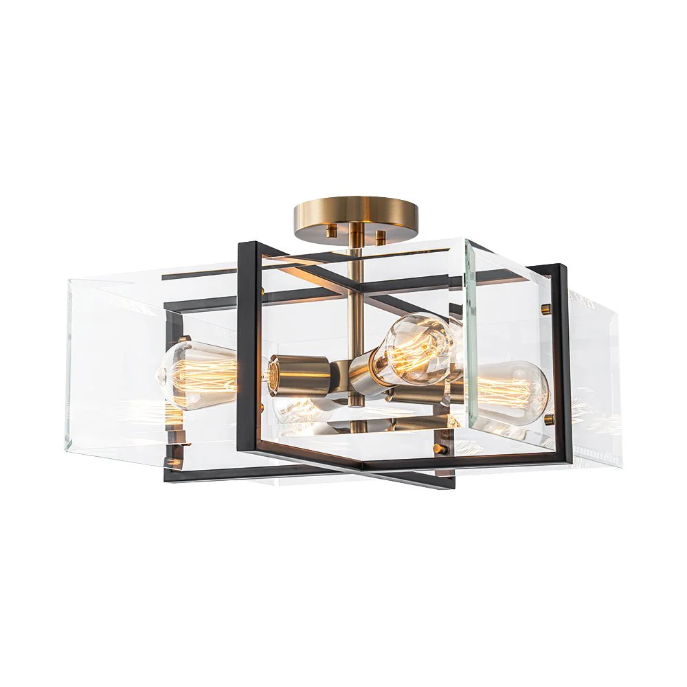 Modern Black Brass Clear Glass Square Cage Semi Flush Mount - Image 3