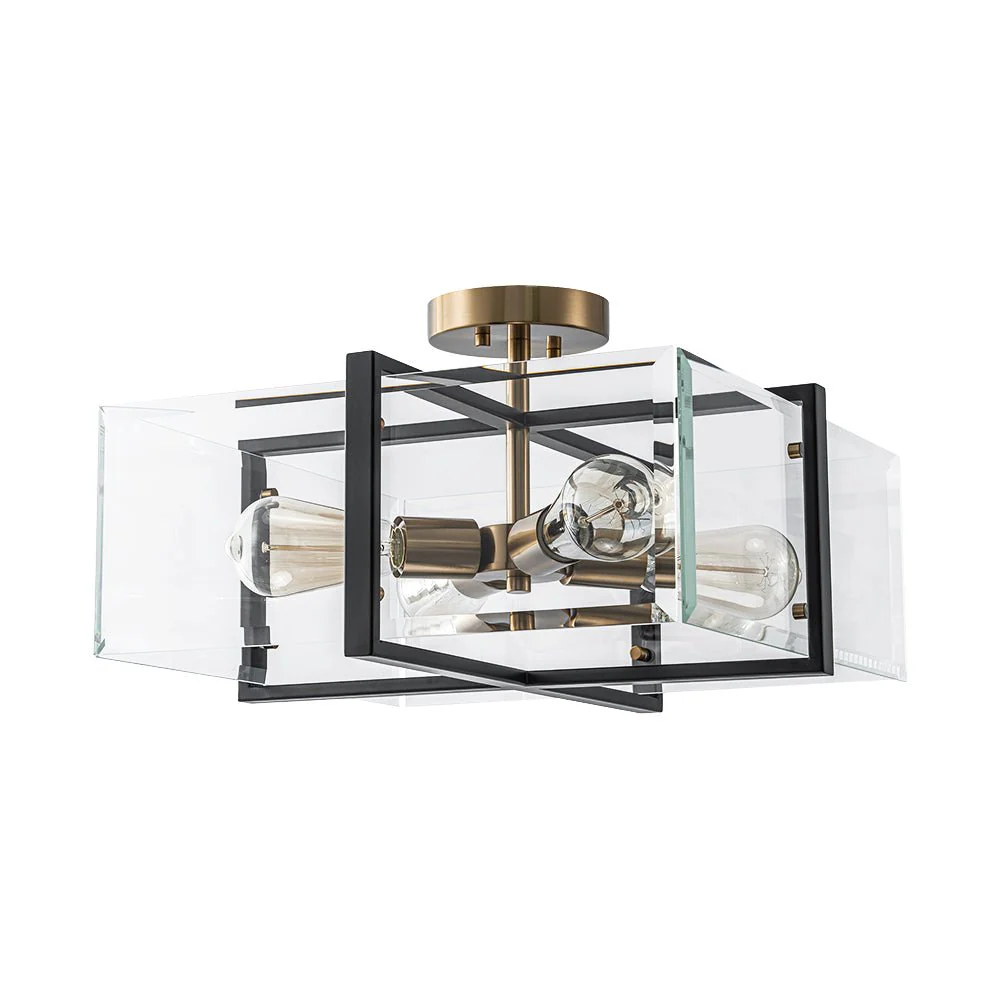 Modern Black Brass Clear Glass Square Cage Semi Flush Mount - Image 4