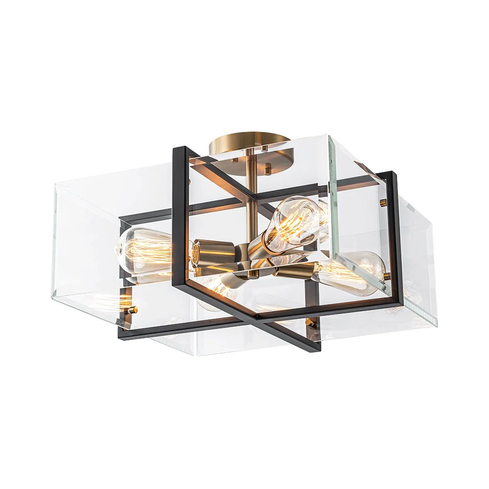 Modern Black Brass Clear Glass Square Cage Semi Flush Mount - Image 5
