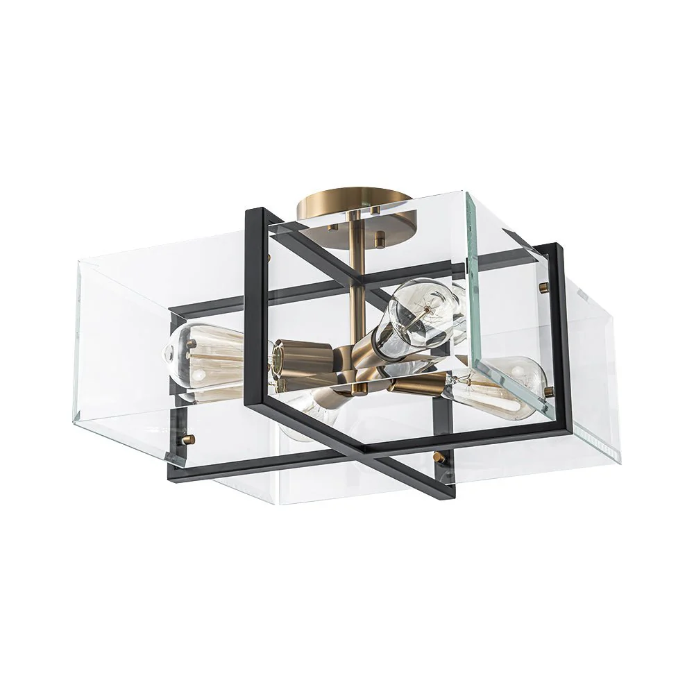Modern Black Brass Clear Glass Square Cage Semi Flush Mount - Image 6