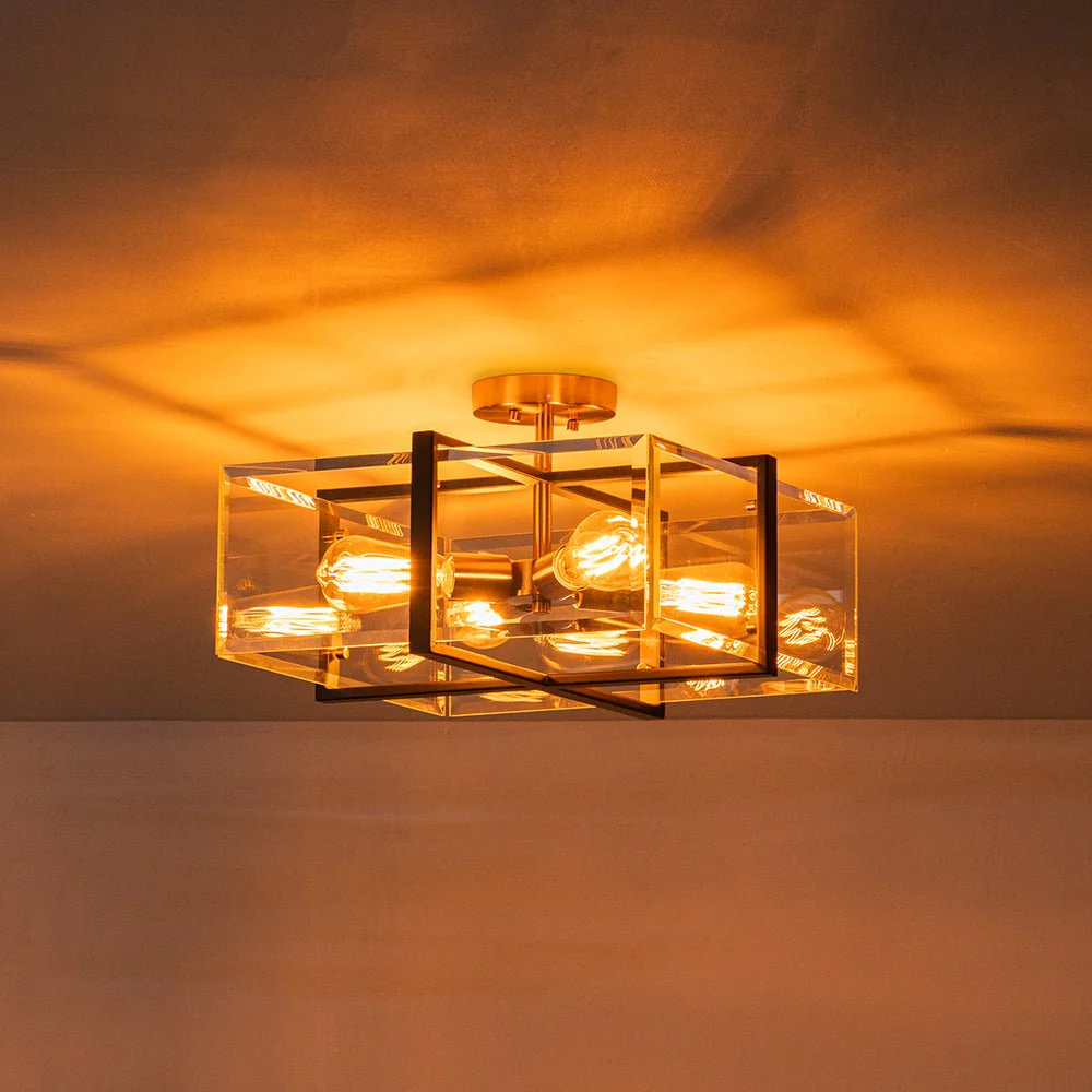 Modern Black Brass Clear Glass Square Cage Semi Flush Mount - Image 7