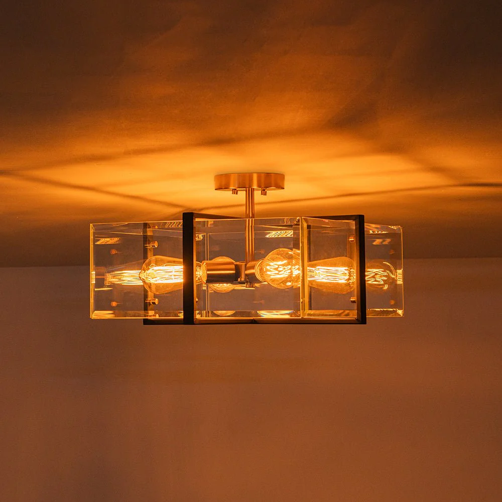 Modern Black Brass Clear Glass Square Cage Semi Flush Mount - Image 8