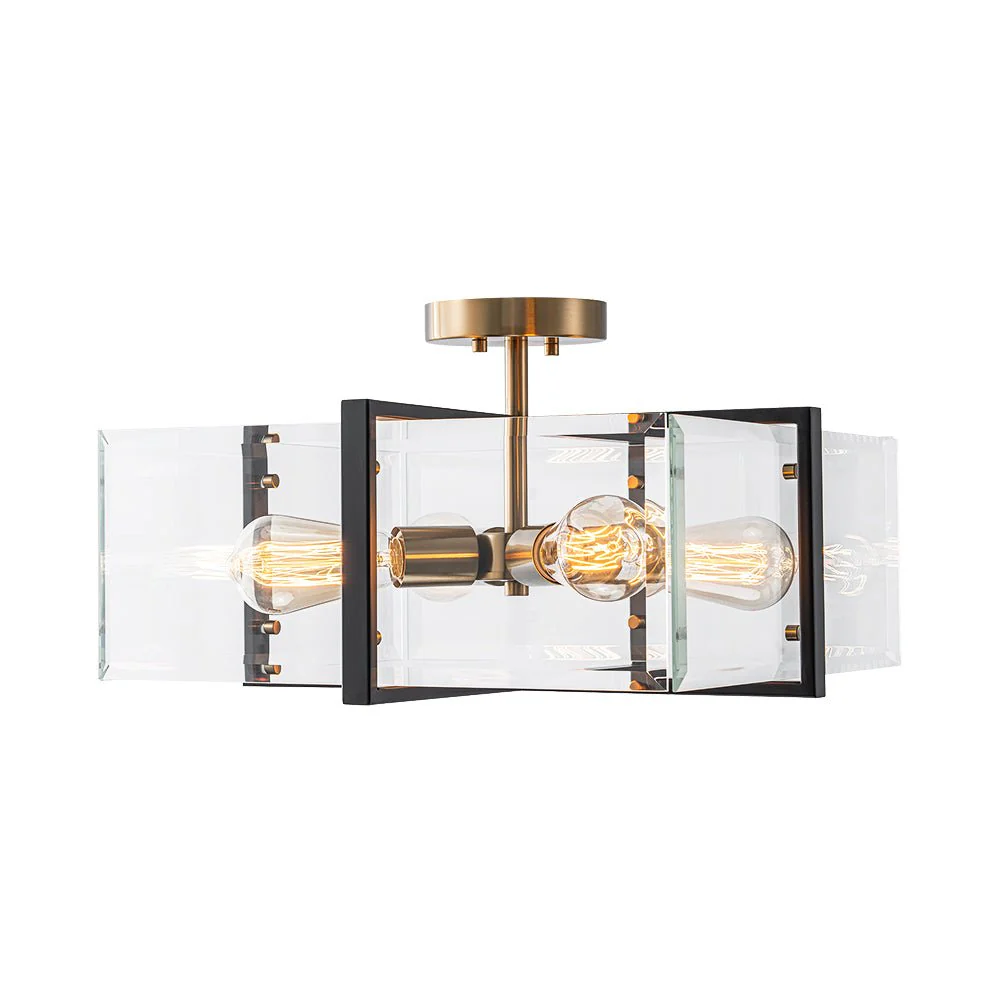 Modern Black Brass Clear Glass Square Cage Semi Flush Mount - Image 9
