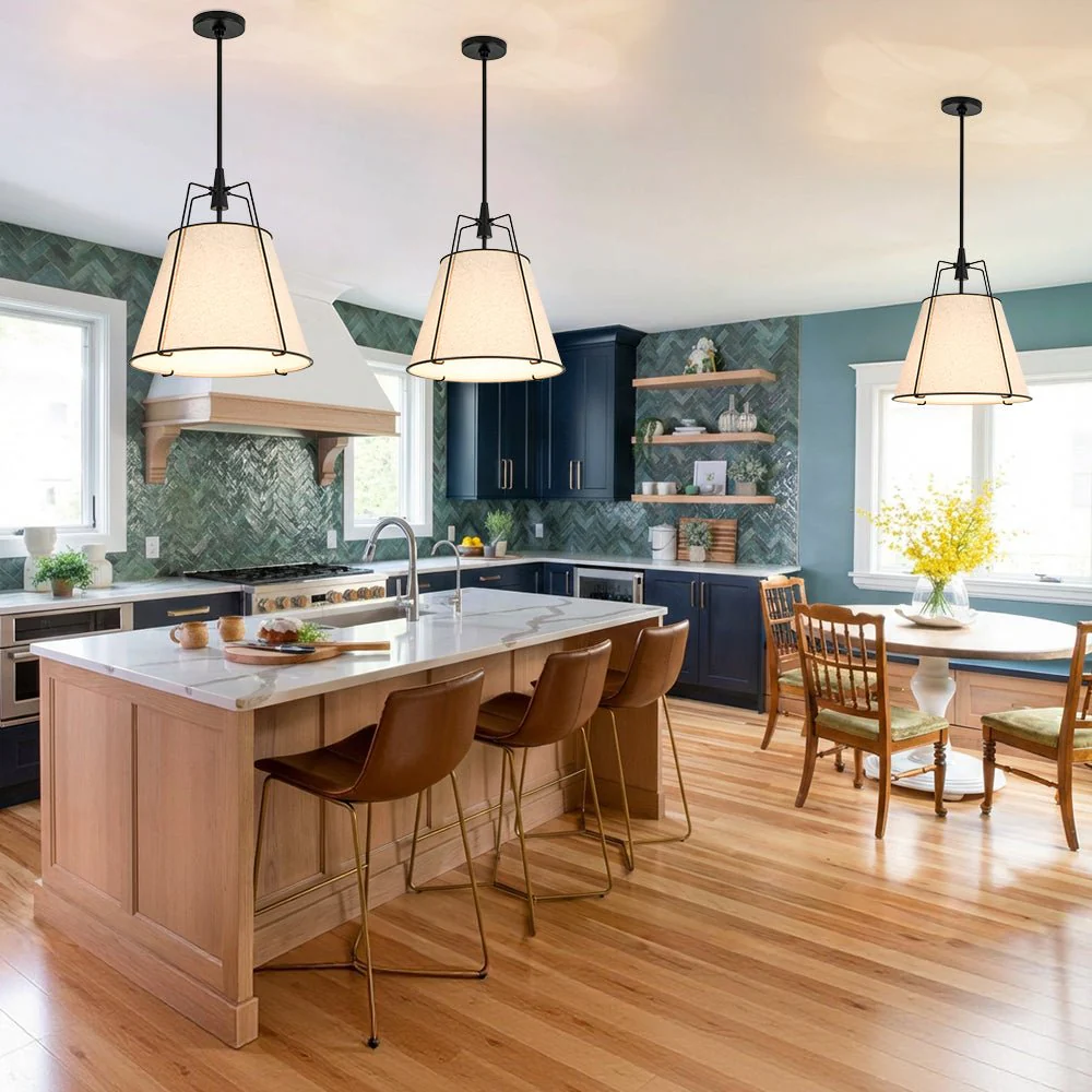 Modern Linen Conical Drum Cage Pendant Light - Image 2