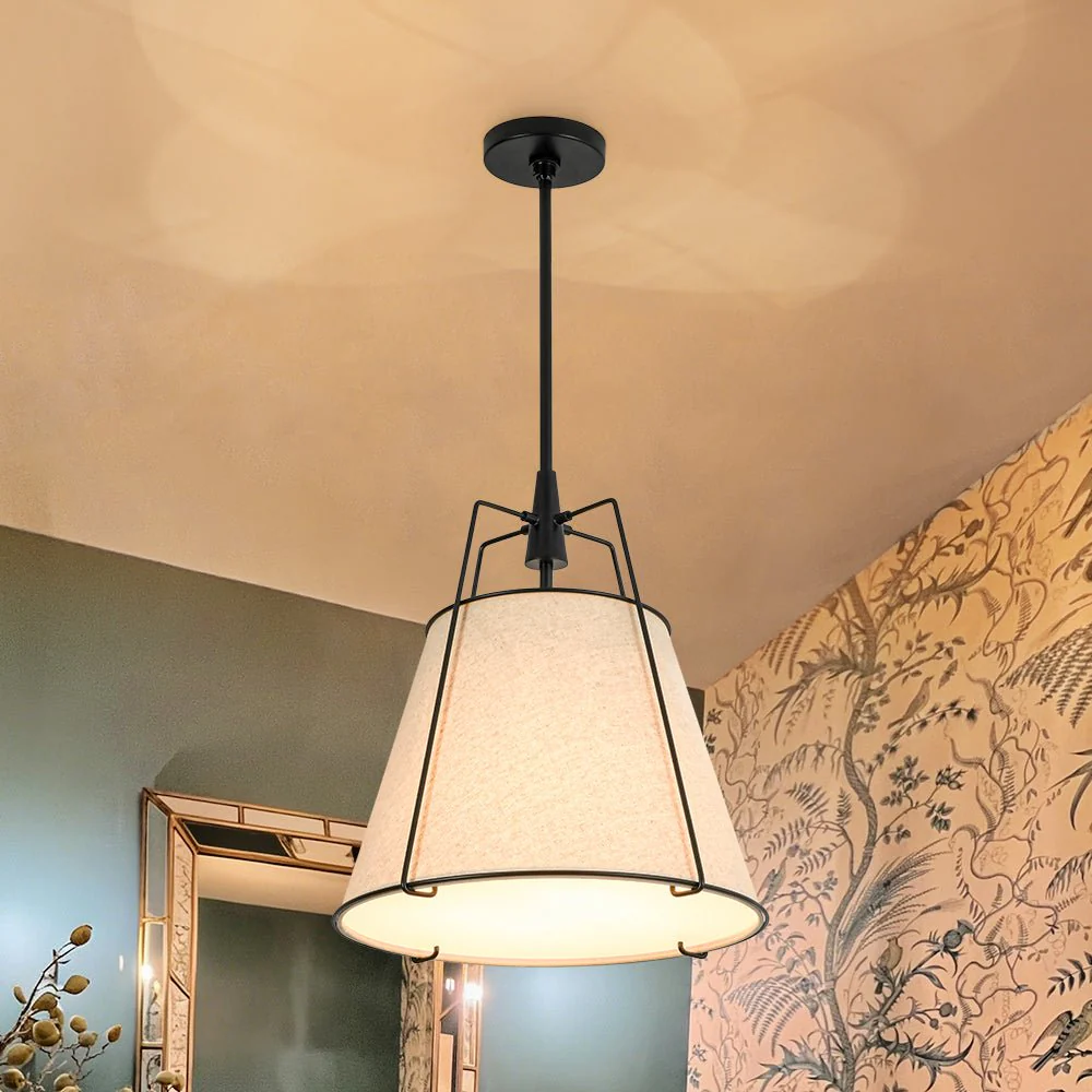 Modern Linen Conical Drum Cage Pendant Light - Image 7