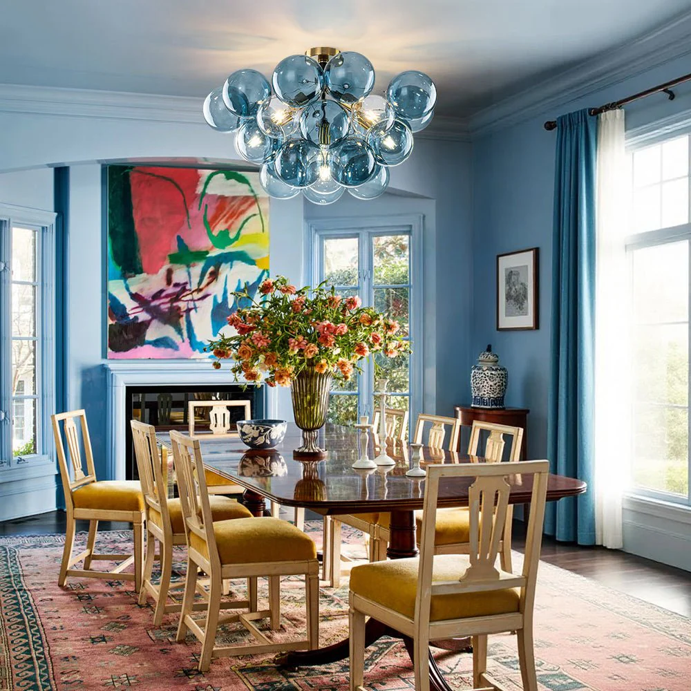 Modern Cluster Blue Glass Bubble Semi Flush Chandelier - Image 2