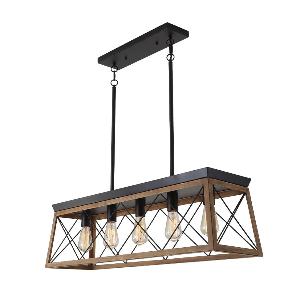 Modern Farmhouse 5-light Kitchen Island Faux Wood Linear Chandelier Pendant - Image 12