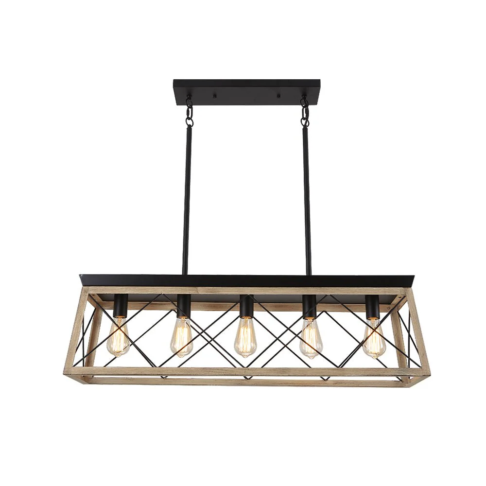 Modern Farmhouse 5-light Kitchen Island Faux Wood Linear Chandelier Pendant - Image 17