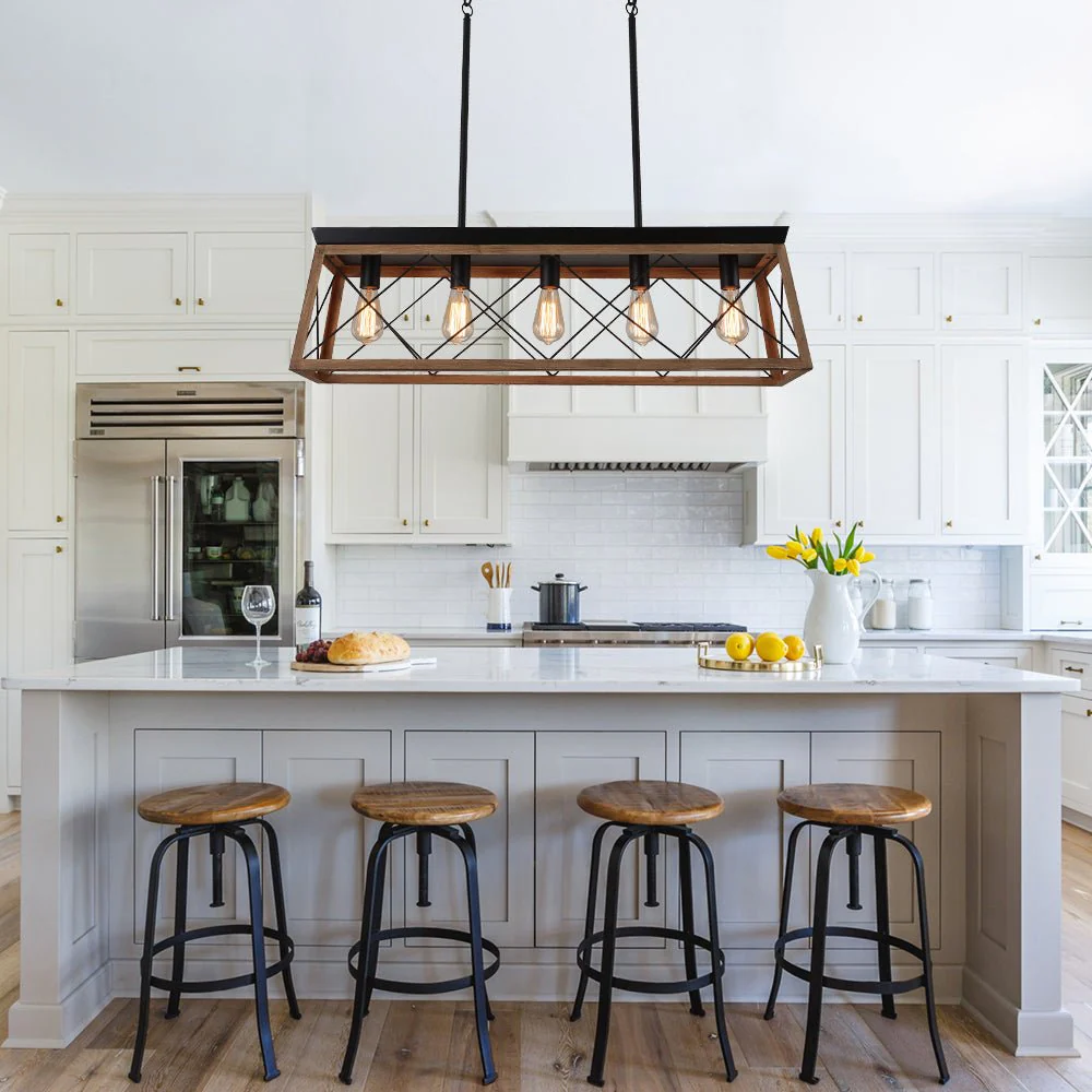 Modern Farmhouse 5-light Kitchen Island Faux Wood Linear Chandelier Pendant - Image 19