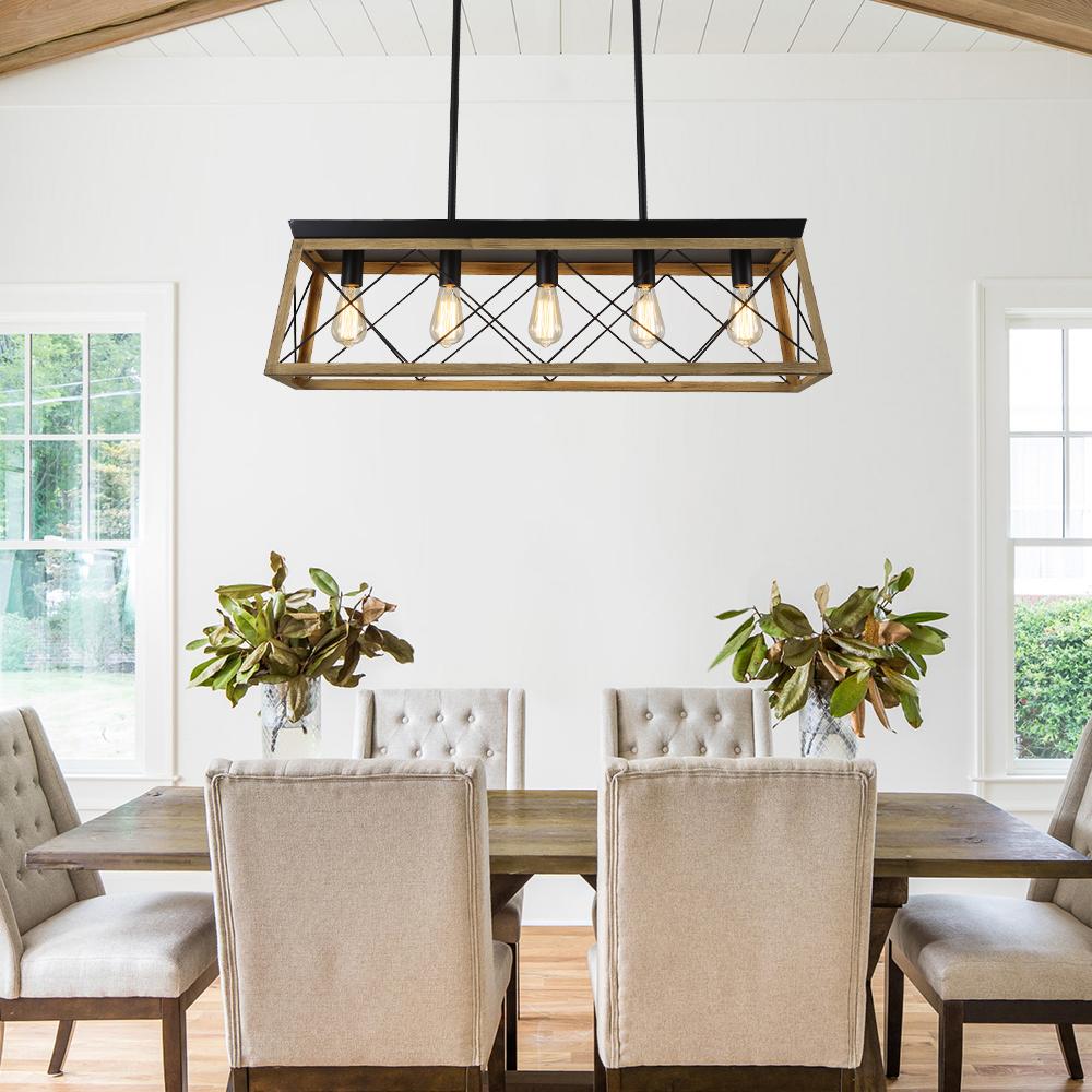 Modern Farmhouse 5-light Kitchen Island Faux Wood Linear Chandelier Pendant - Image 6