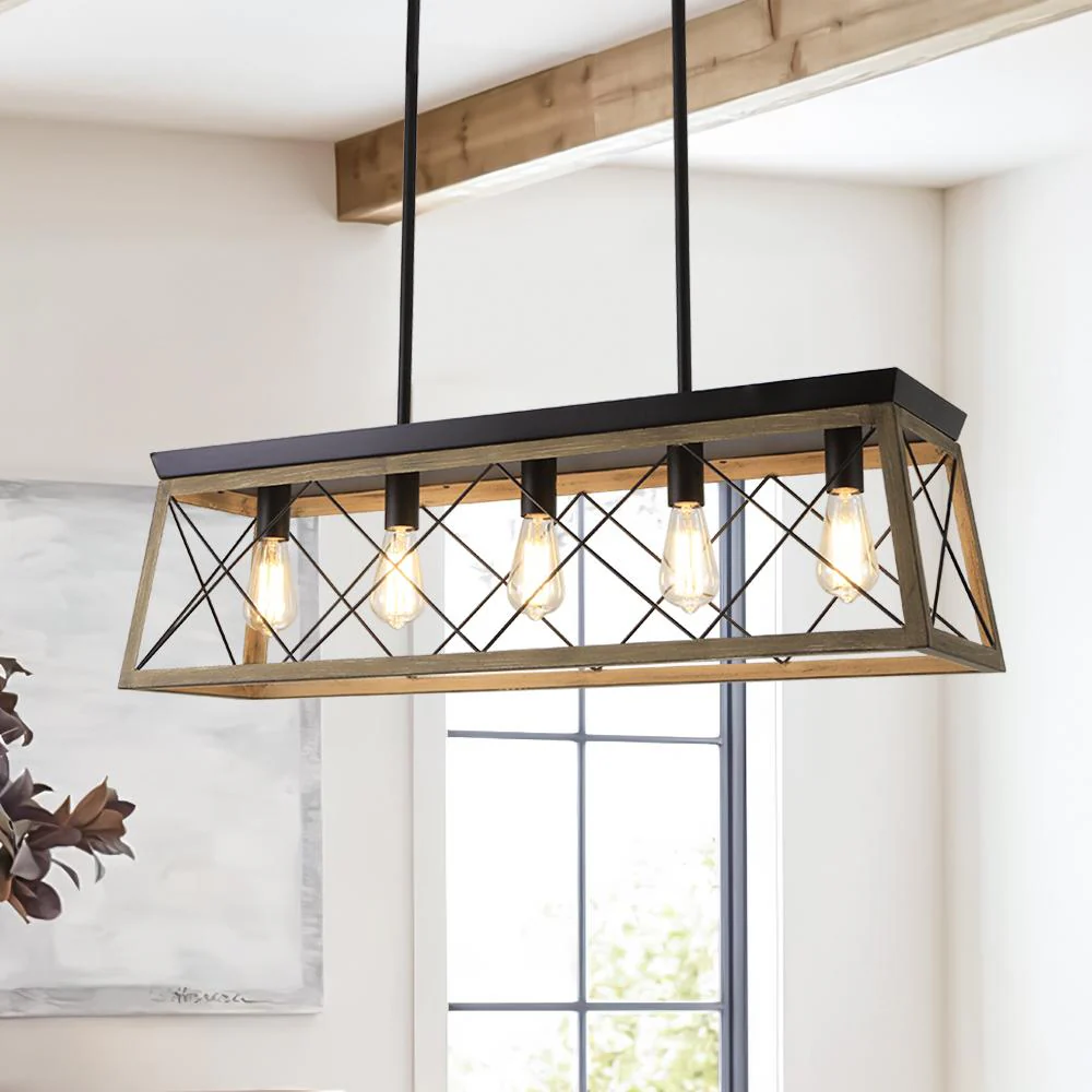 Modern Farmhouse 5-light Kitchen Island Faux Wood Linear Chandelier Pendant - Image 7