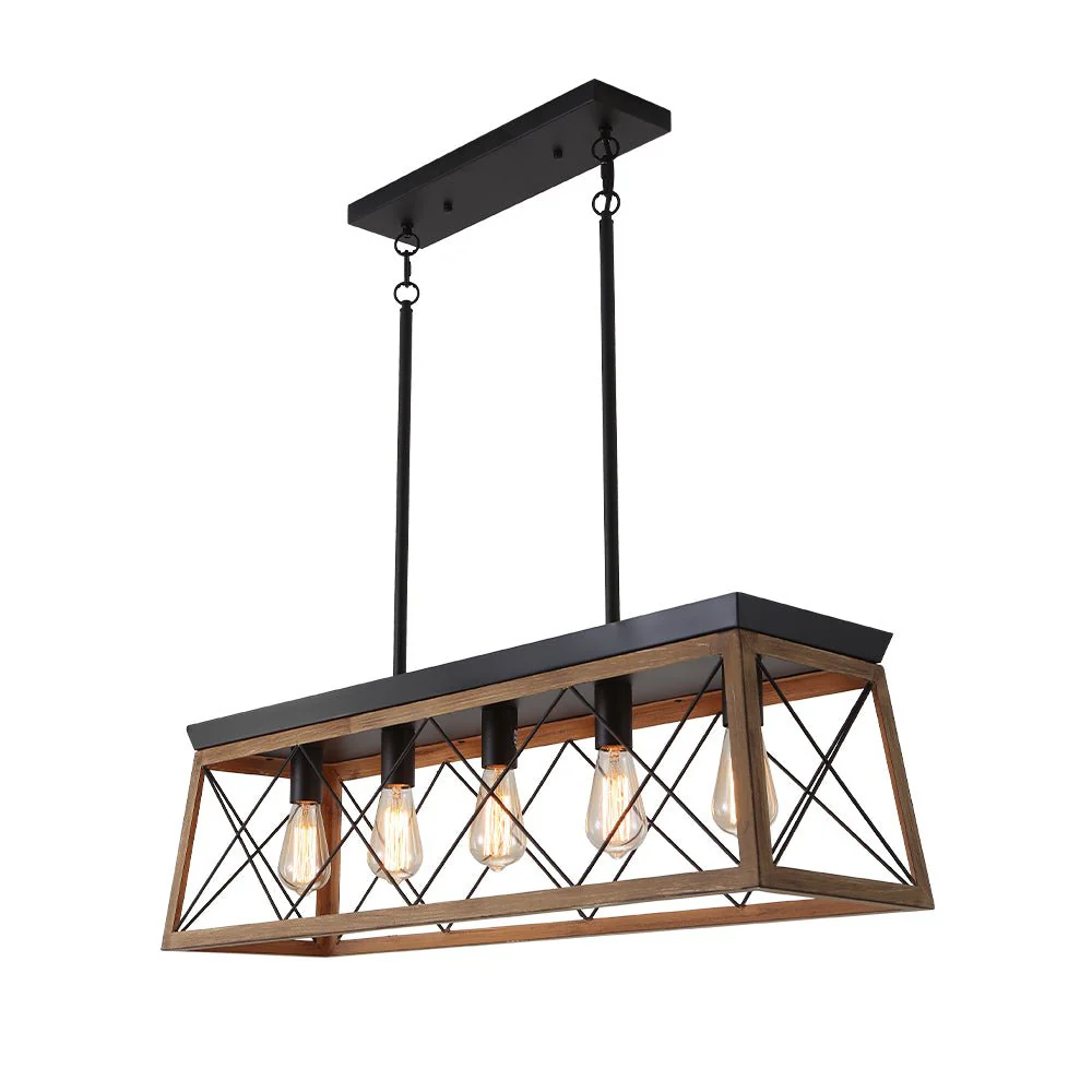 Modern Farmhouse 5-light Kitchen Island Faux Wood Linear Chandelier Pendant - Image 9
