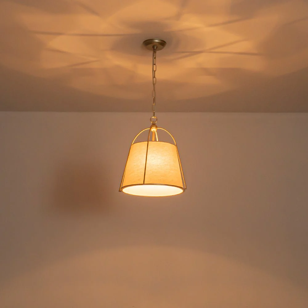 Modern Ivory Linen Conical Drum Cage Pendant Light - Image 8