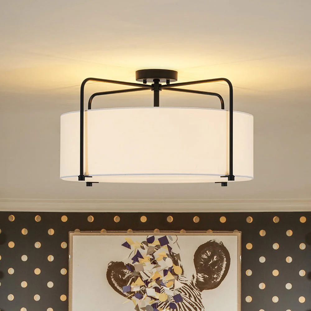 Modern Round White Fabric Drum Cage Semi Flush Mount - Image 3