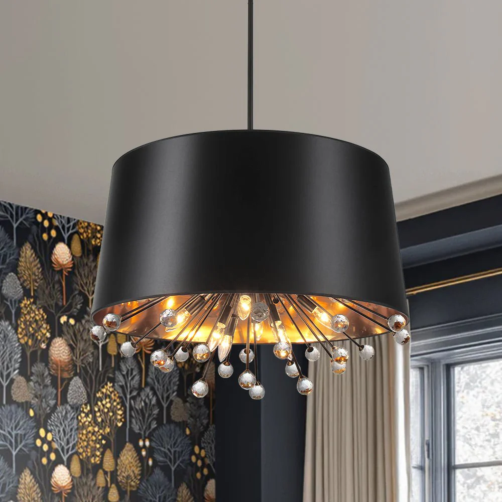 Moody Luxe Starburst Crystal Black Fabric Drum Cage Chandelier