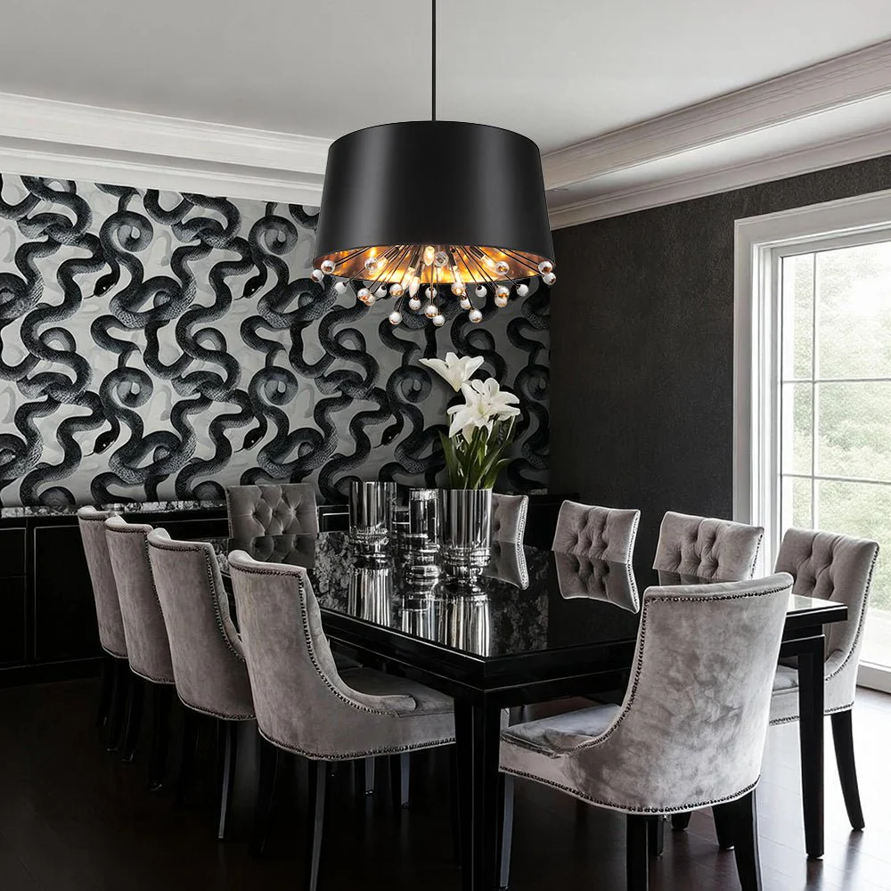 Moody Luxe Starburst Crystal Black Fabric Drum Cage Chandelier - Image 2
