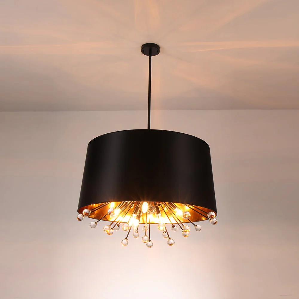 Moody Luxe Starburst Crystal Black Fabric Drum Cage Chandelier - Image 7