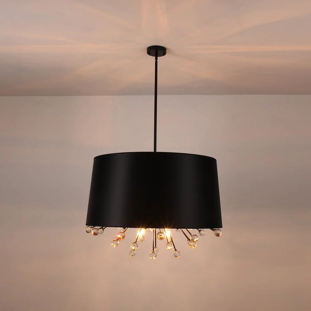 Moody Luxe Starburst Crystal Black Fabric Drum Cage Chandelier - Image 8