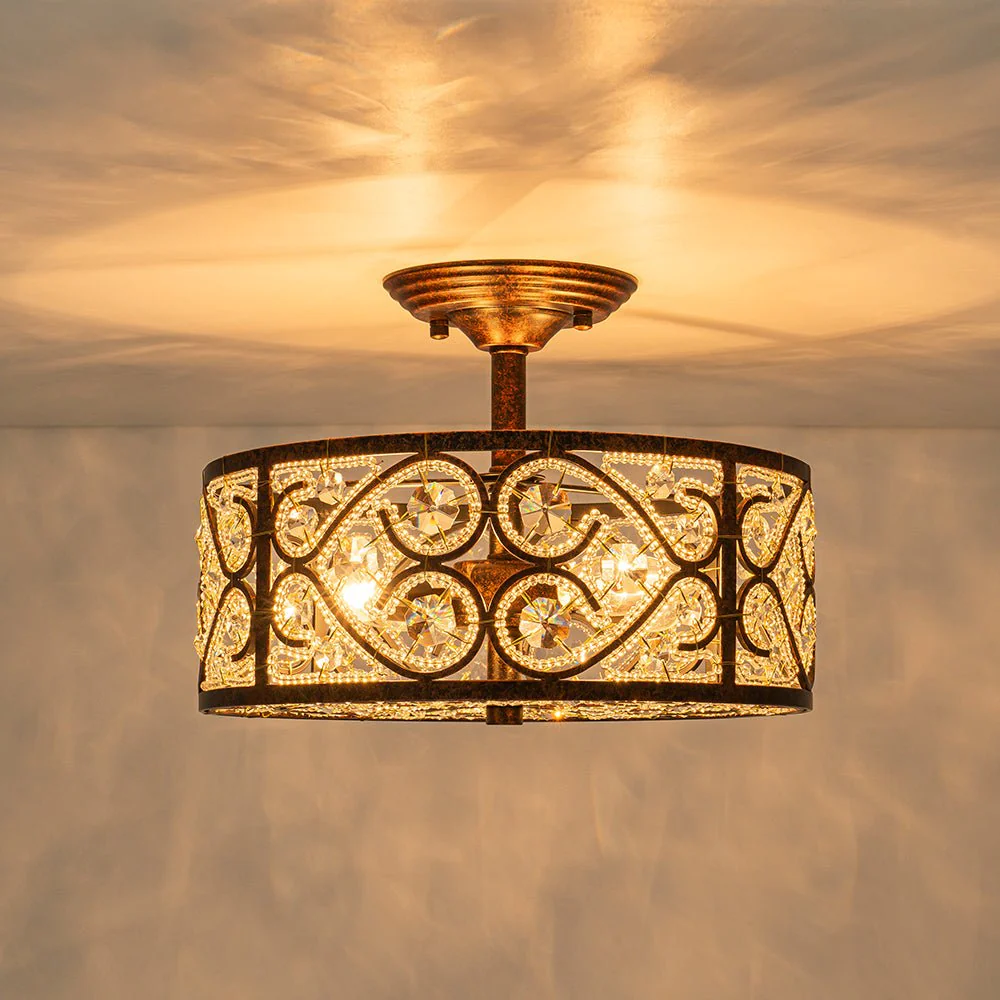 Moroccan Antique Crystal Drum Cage Semi Flush Mount - Image 9
