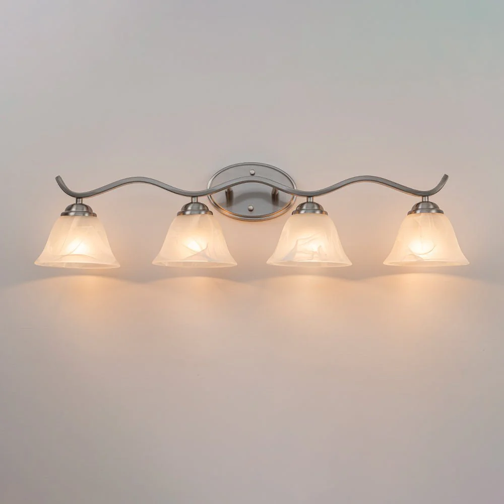 Nickel 4-Light Cloud Glass Bell Shade Vanity Light - Image 10