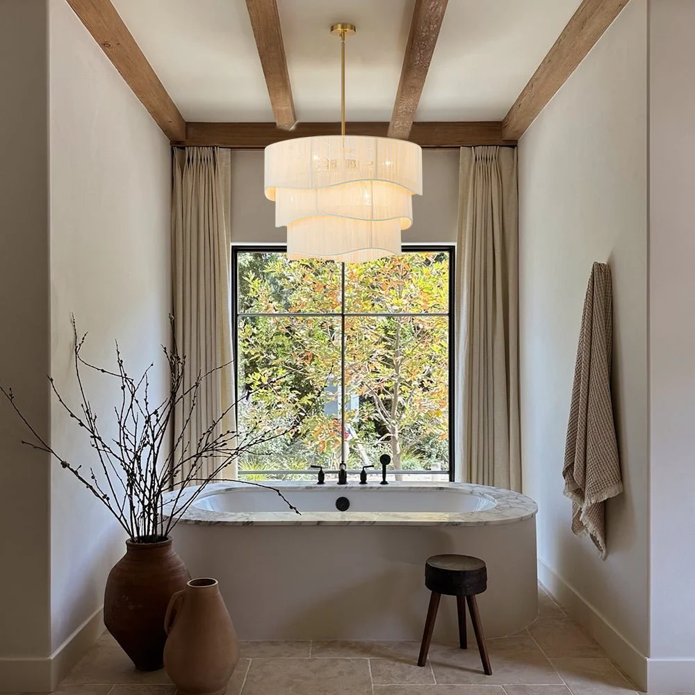 (OpenBox) 3-Tier Beige Woven Thread Drum Pendant Light - Image 2