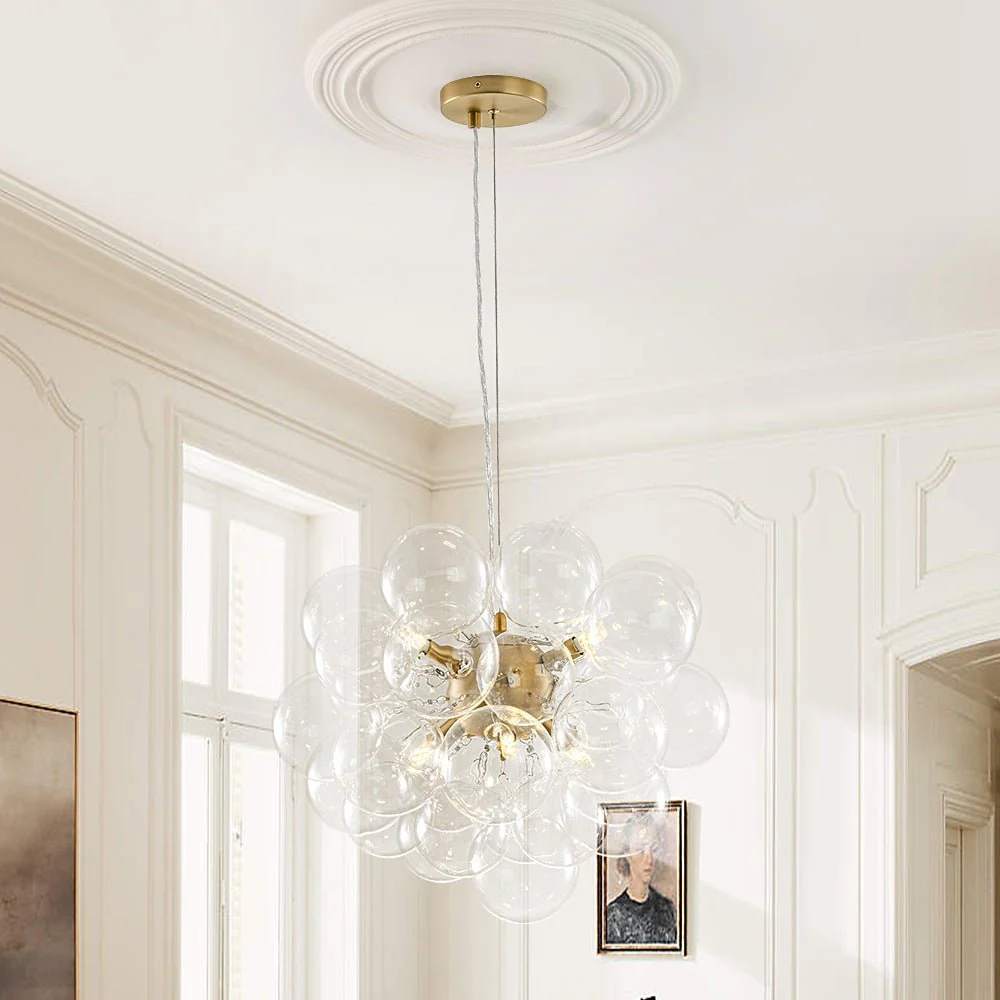 (OpenBox) 6-Light Dimmable Brass Cluster Clear Glass Bubble Sphere Chandelier - Image 4