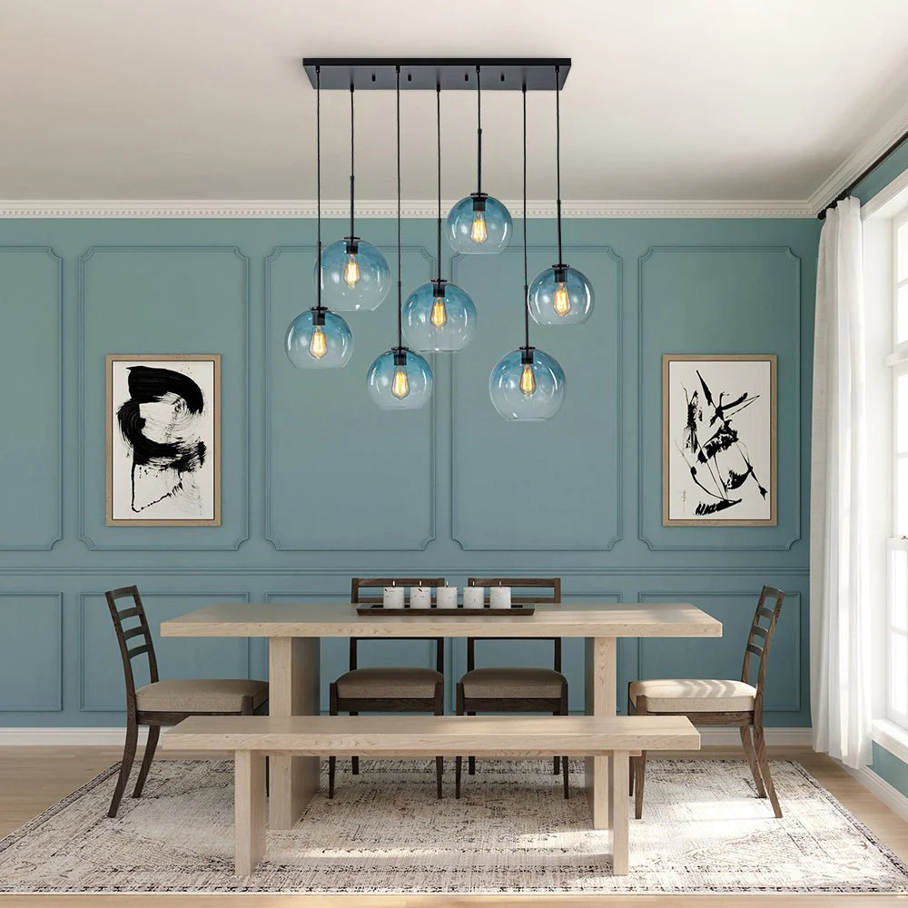 7-Light Cluster Blue Glass Globe Bubble Island Pendant - Image 2