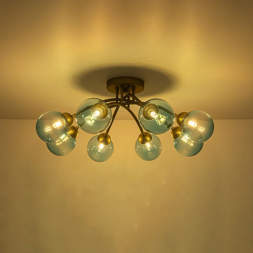 Art Deco 8-Light Sputnik Blue Glass Bubble Semi Flush Mount - Image 10