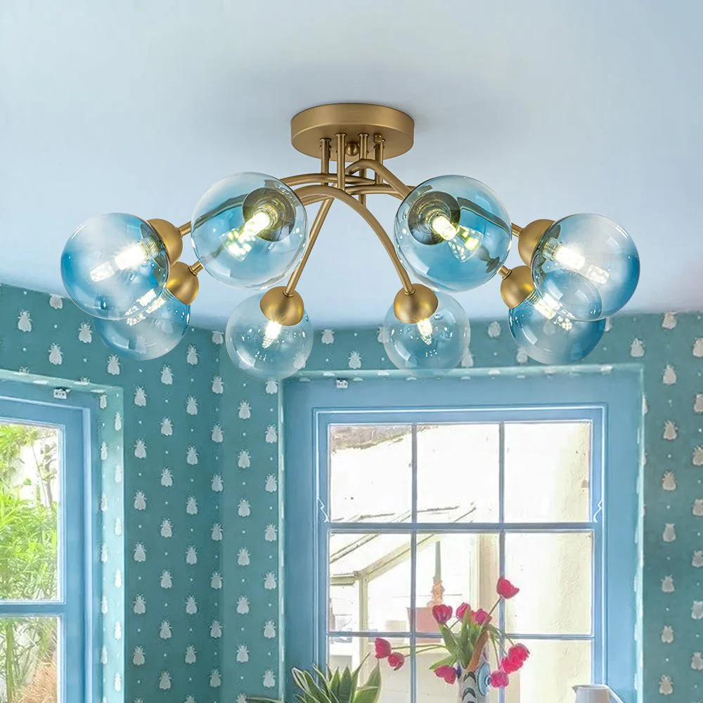 Art Deco 8-Light Sputnik Blue Glass Bubble Semi Flush Mount - Image 2