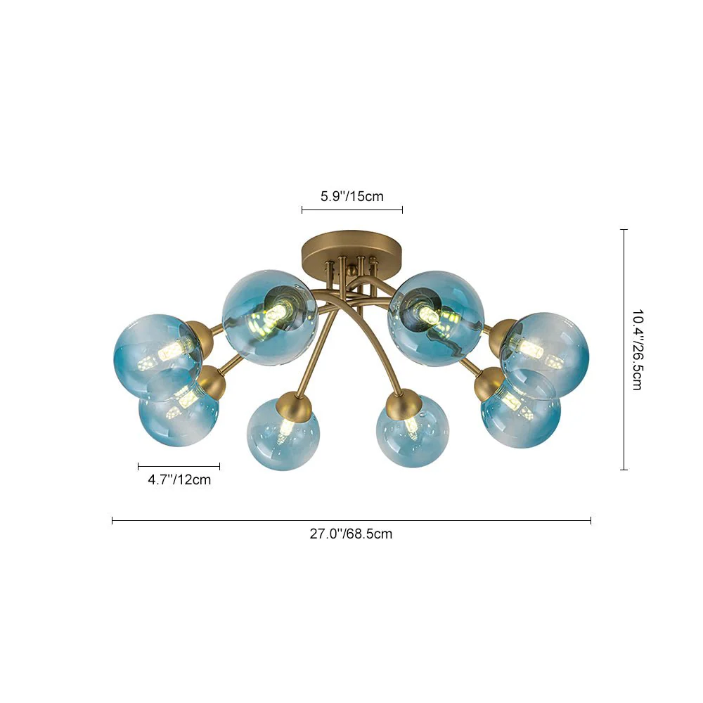 Art Deco 8-Light Sputnik Blue Glass Bubble Semi Flush Mount - Image 8