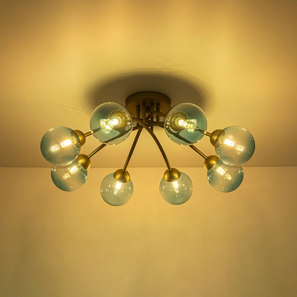 Art Deco 8-Light Sputnik Blue Glass Bubble Semi Flush Mount - Image 9
