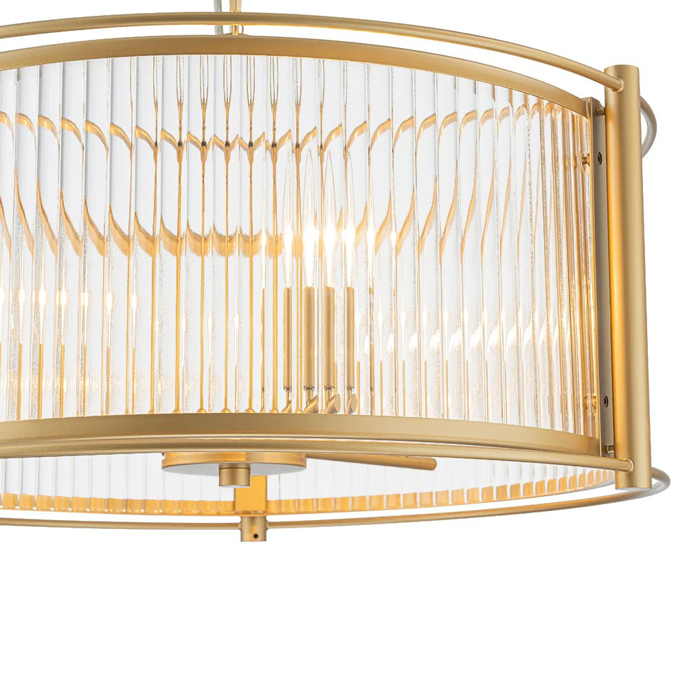 Brass 3-Light Ribbed Glass Drum Lantern Pendant Light - Image 10