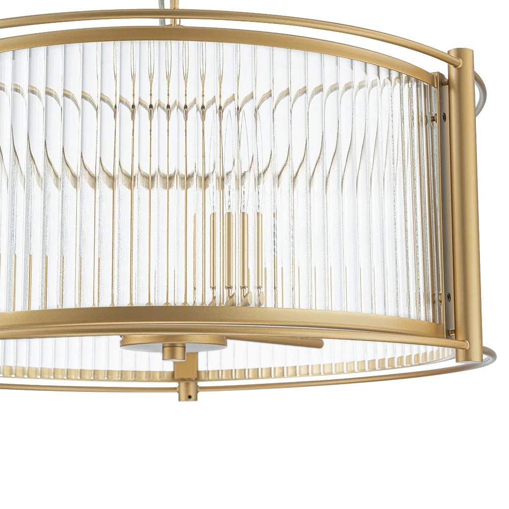 Brass 3-Light Ribbed Glass Drum Lantern Pendant Light - Image 11