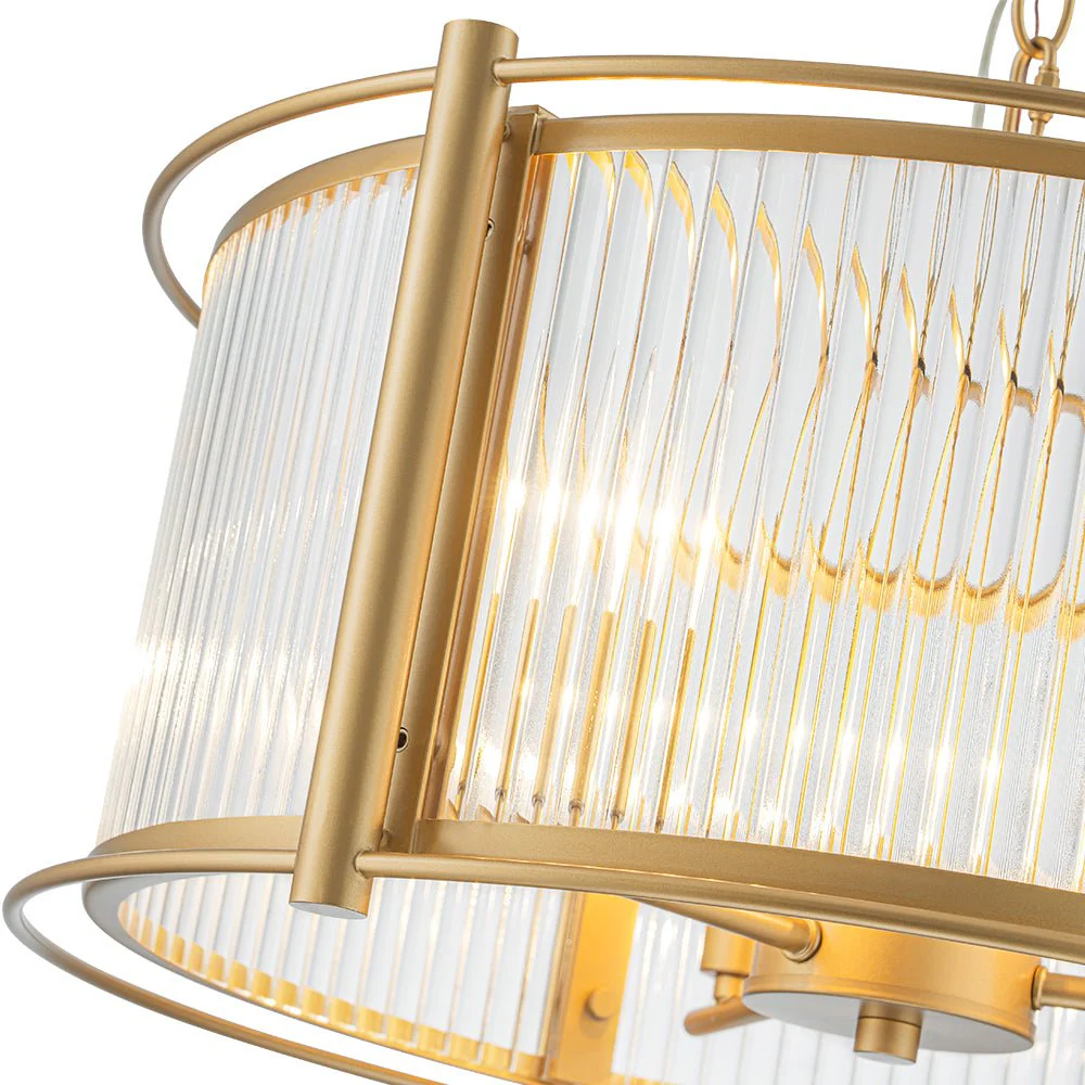 Brass 3-Light Ribbed Glass Drum Lantern Pendant Light - Image 13
