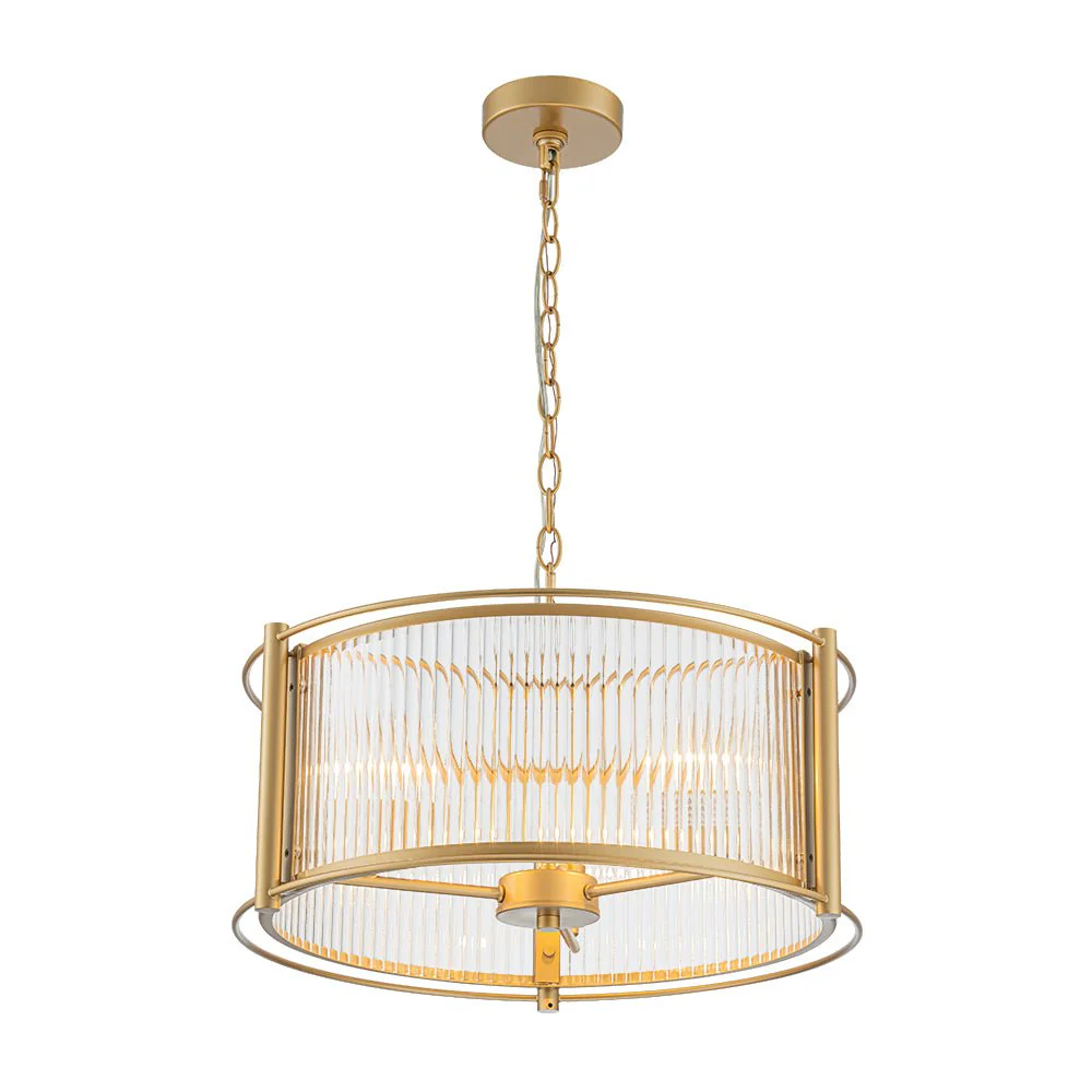 Brass 3-Light Ribbed Glass Drum Lantern Pendant Light - Image 2