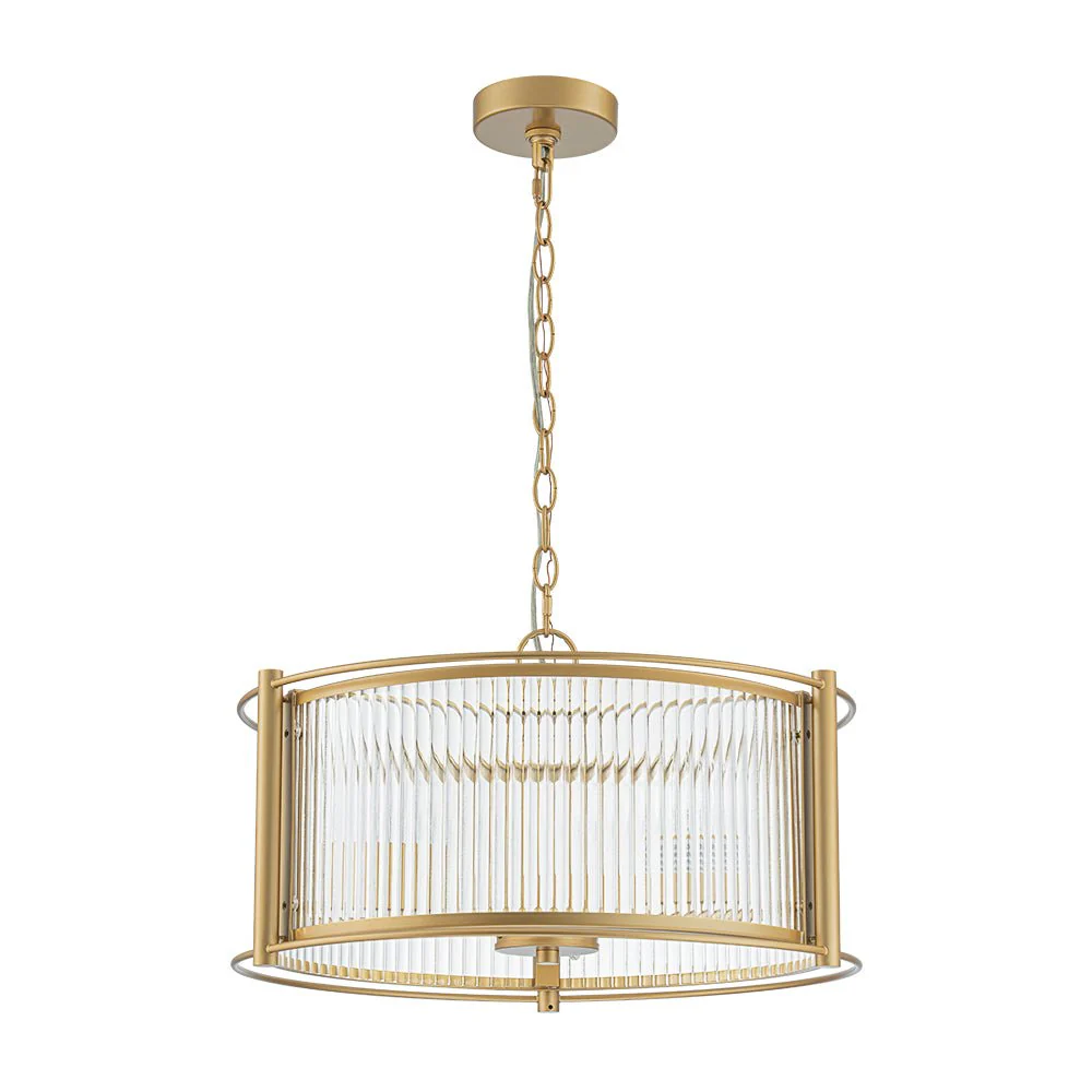 Brass 3-Light Ribbed Glass Drum Lantern Pendant Light - Image 3