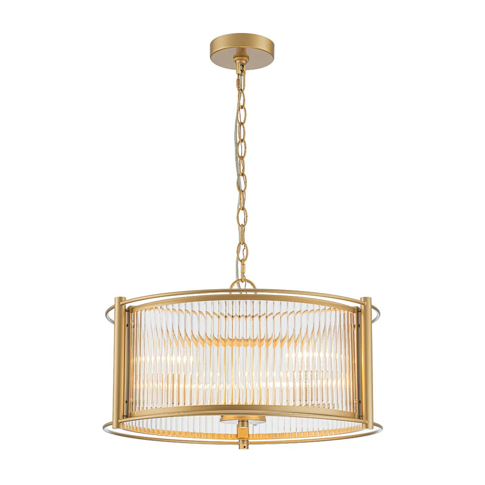 Brass 3-Light Ribbed Glass Drum Lantern Pendant Light - Image 4