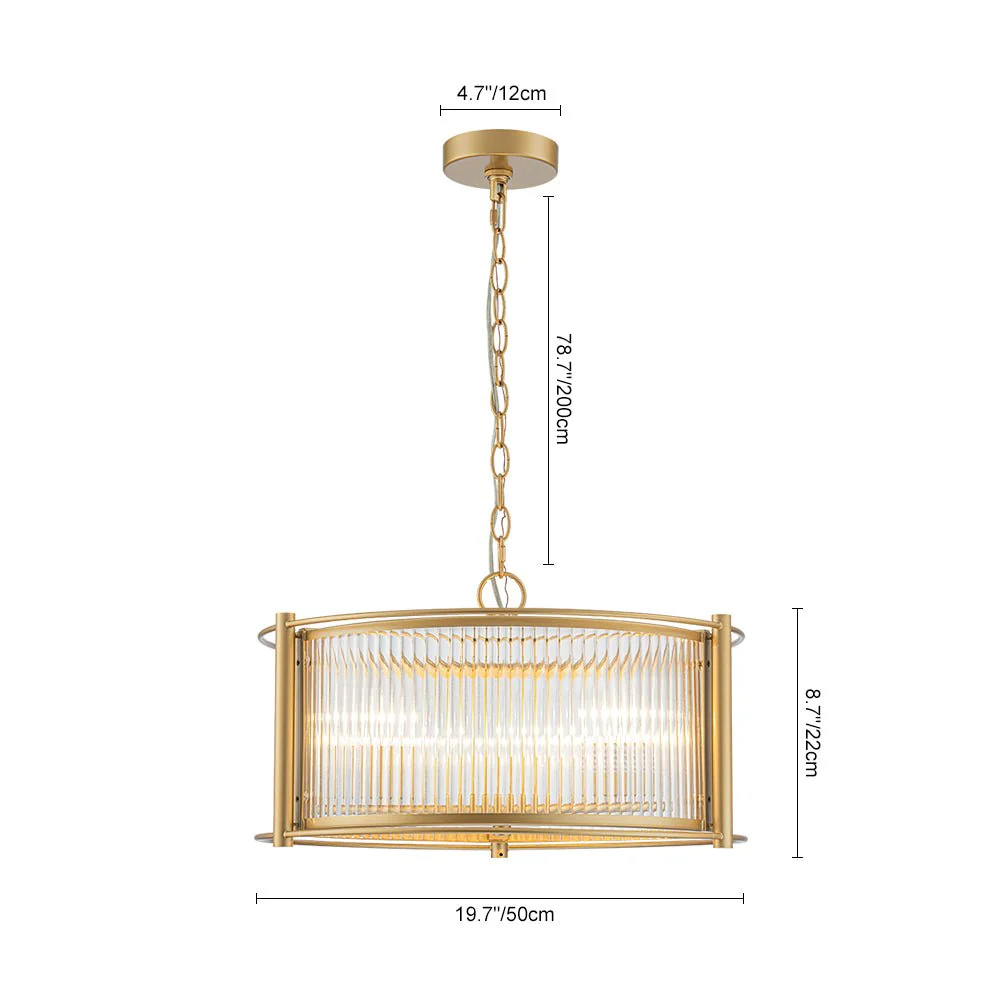 Brass 3-Light Ribbed Glass Drum Lantern Pendant Light - Image 5
