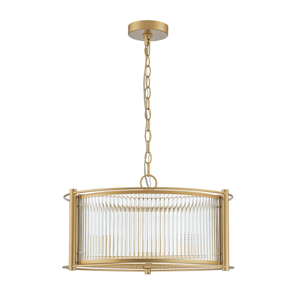Brass 3-Light Ribbed Glass Drum Lantern Pendant Light - Image 6