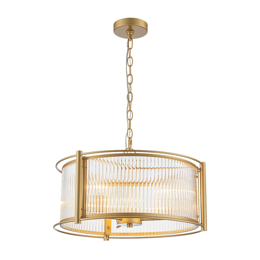 Brass 3-Light Ribbed Glass Drum Lantern Pendant Light - Image 7