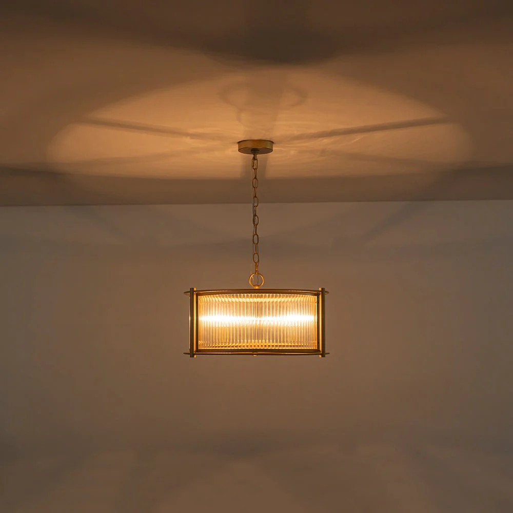 Brass 3-Light Ribbed Glass Drum Lantern Pendant Light - Image 8