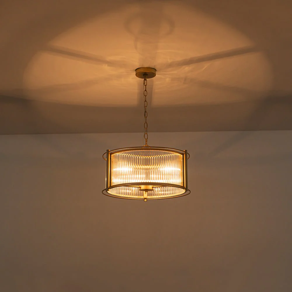 Brass 3-Light Ribbed Glass Drum Lantern Pendant Light - Image 9