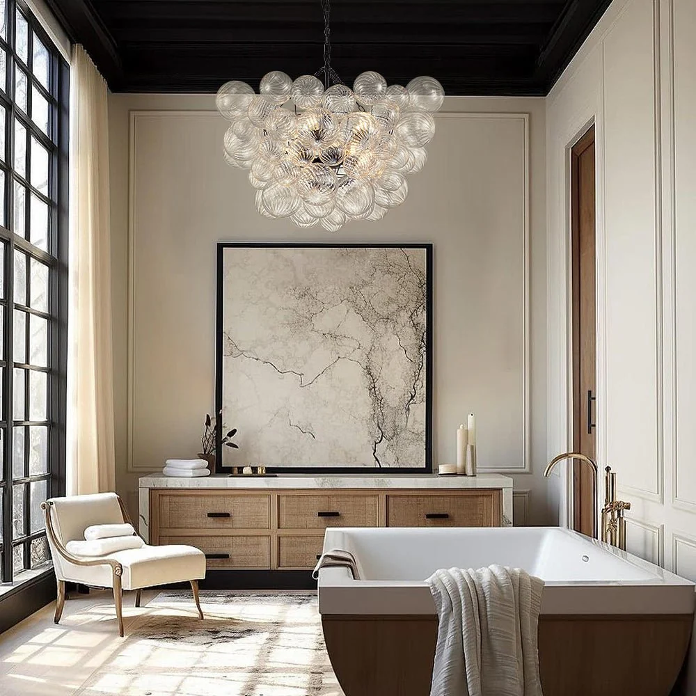 (OpenBox) Brass Cluster Ribbed Glass Globe Bubble Chandelier - Image 7