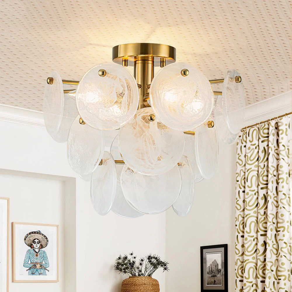 Brass Tiered Opal Swirl Glass Semi Flush Chandelier