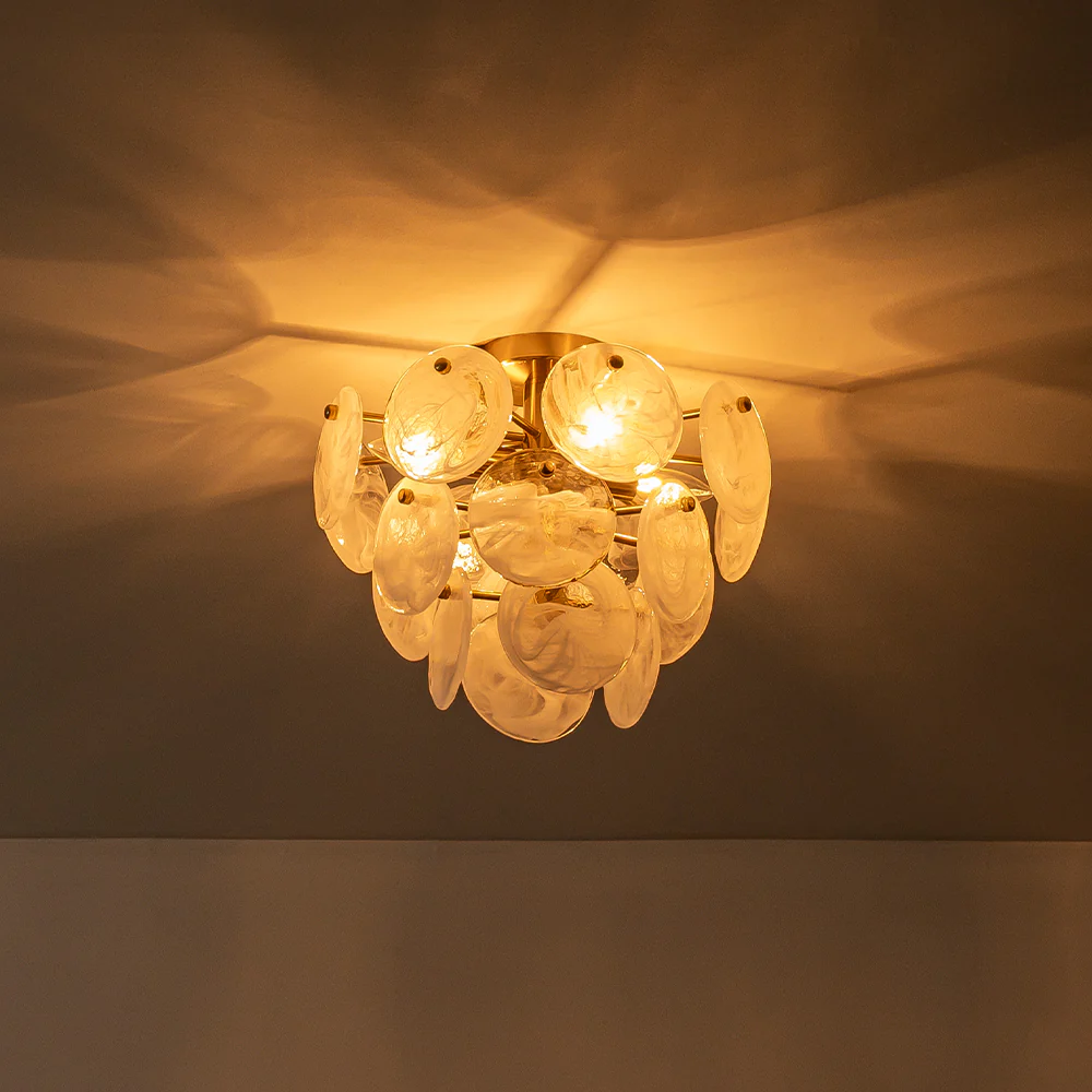 Brass Tiered Opal Swirl Glass Semi Flush Chandelier - Image 11